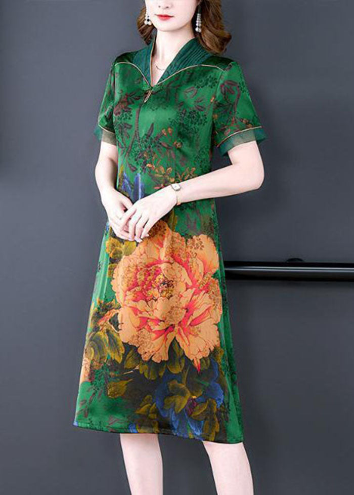 Handmade Green V Neck Print Slim Fit Silk Long Dress Summer