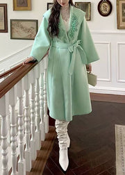 Handmade Green Zircon Tie Waist Woolen Coats Winter