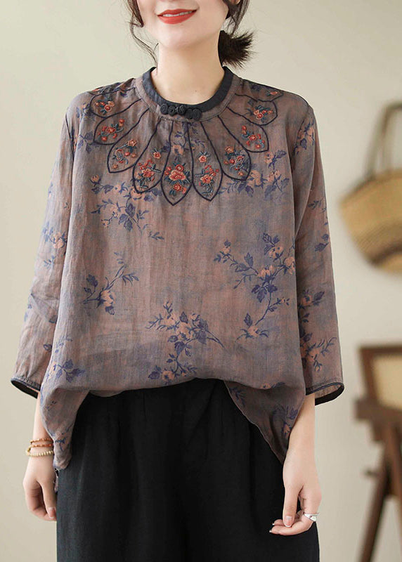 Handmade Grey Blue Embroideried Print Linen Blouse Top Bracelet Sleeve