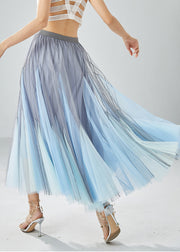 Handmade Grey Blue High Waist Patchwork Tulle Pleated Skirt Summer