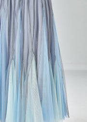 Handmade Grey Blue High Waist Patchwork Tulle Pleated Skirt Summer