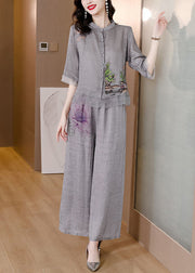 Handmade Grey Embroideried Patchwork Linen Two Pieces Set Summer