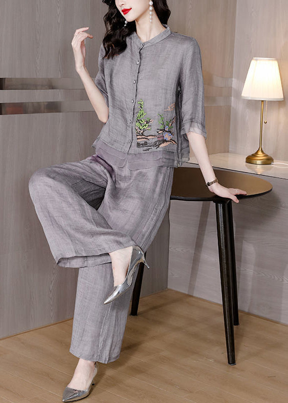 Handmade Grey Embroideried Patchwork Linen Two Pieces Set Summer