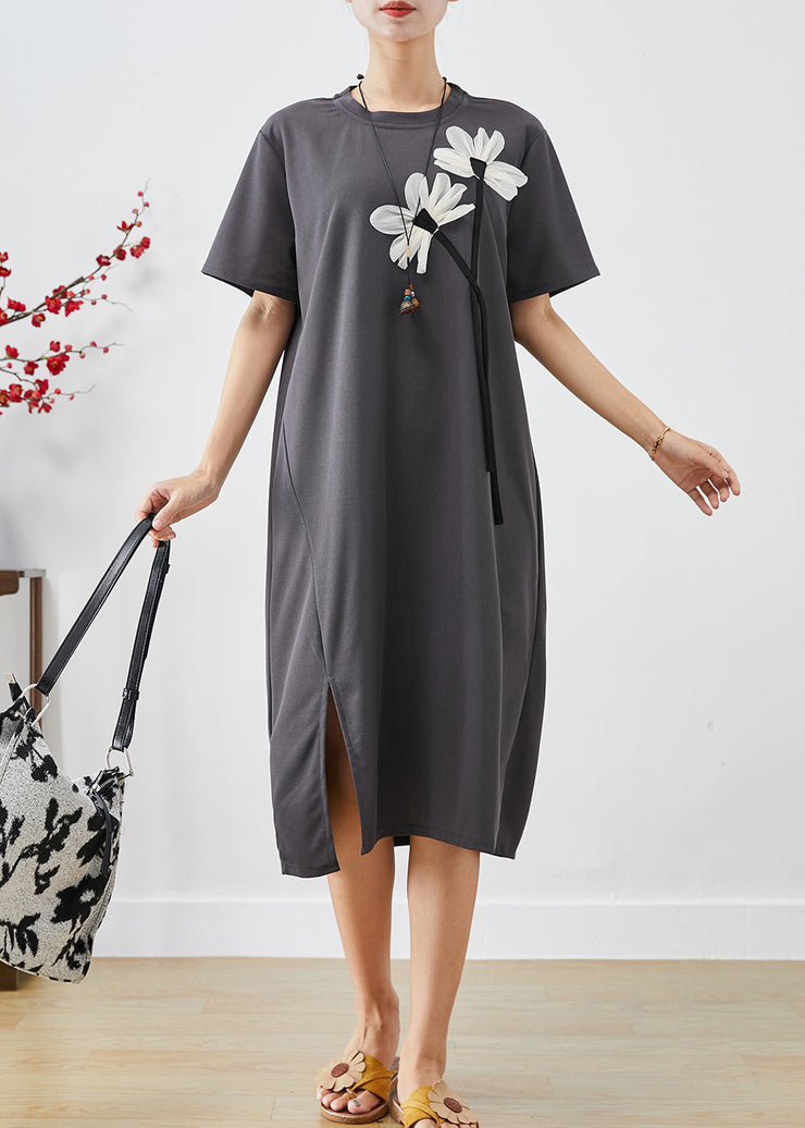 Handmade Grey Floral Side Open Cotton Dress Summer