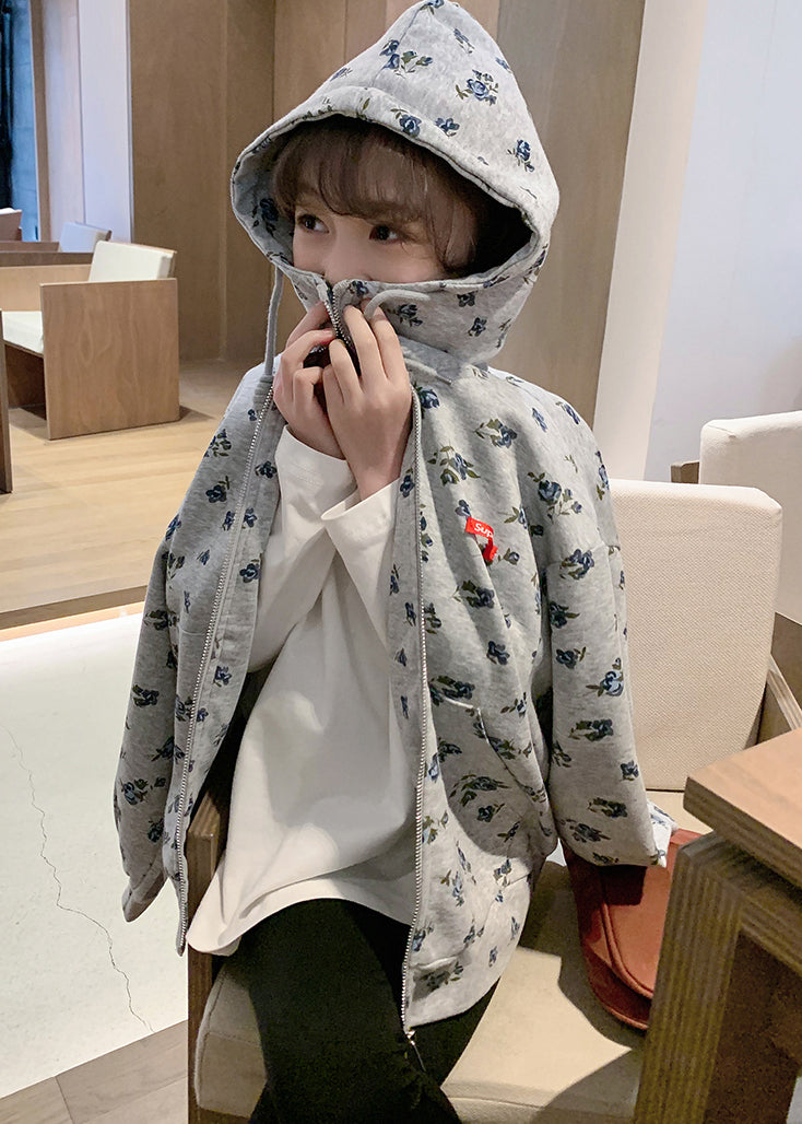 Handmade Grey Graphic Drawstring Kids Hooded Coat Fall