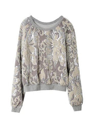 Handmade Grey O-Neck Embroideried Sequins Velour Sweatshirt Fall