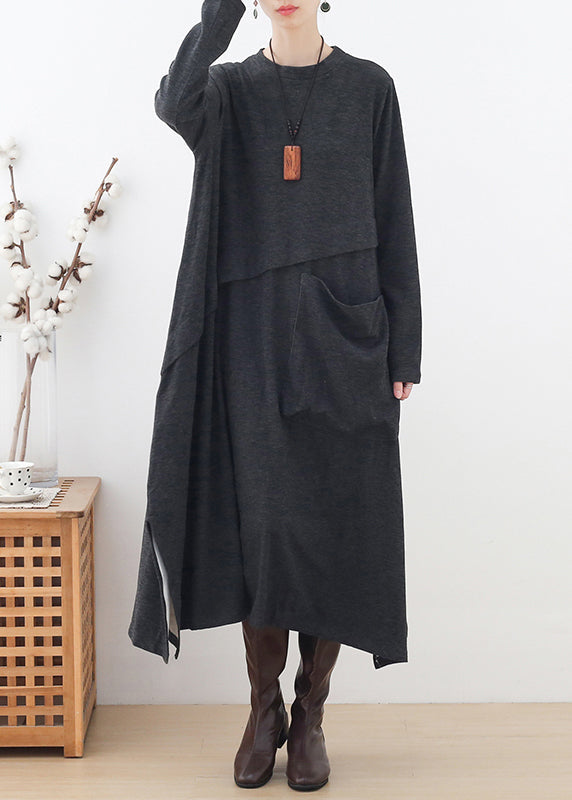 Handmade Grey O-Neck Pockets Patchwork Side Open Cotton Dress Long Sleeve