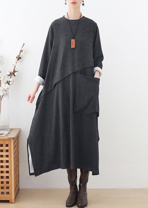 Handmade Grey O-Neck Pockets Patchwork Side Open Cotton Dress Long Sleeve