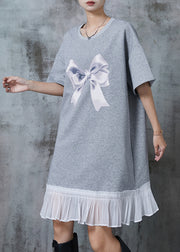 Handmade Grey Oversized Patchwork Bow Cotton Dresses Summer