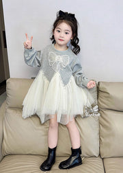 Handmade Grey Patchwork Bow Tulle Girls Long Dresses Spring