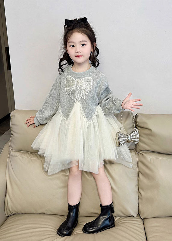 Handmade Grey Patchwork Bow Tulle Girls Long Dresses Spring