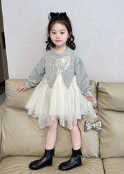 Handmade Grey Patchwork Bow Tulle Girls Long Dresses Spring