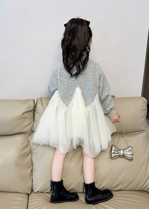 Handmade Grey Patchwork Bow Tulle Girls Long Dresses Spring