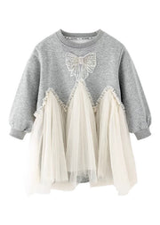 Handmade Grey Patchwork Bow Tulle Girls Long Dresses Spring