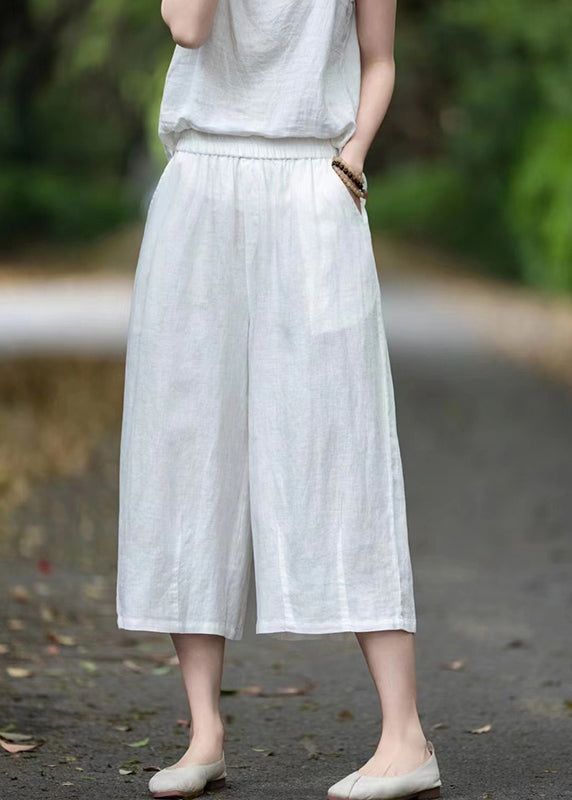 Handmade Grey Pockets Elastic Waist Linen Crop Pants Summer