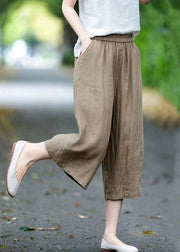 Handmade Grey Pockets Elastic Waist Linen Crop Pants Summer