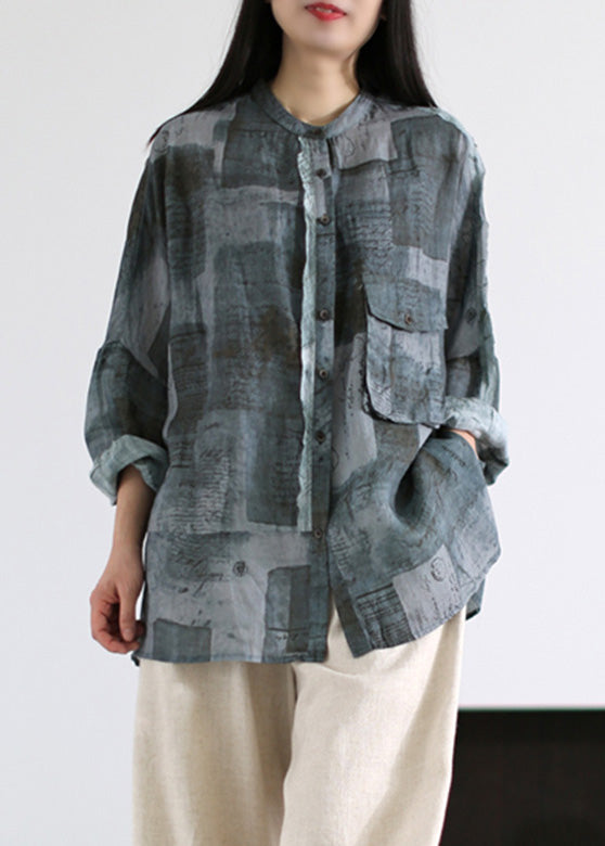 Handmade Grey Print Button Ramie Shirts Long Sleeve