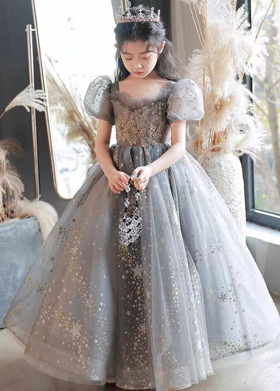 Handmade Grey Ruffled Sequins Tulle Girls Princess Dresses Summer