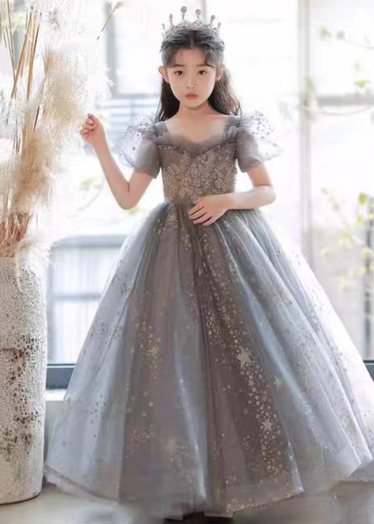 Handmade Grey Ruffled Sequins Tulle Girls Princess Dresses Summer