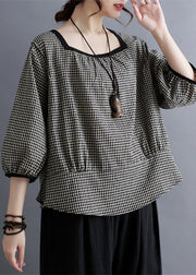 Handmade Grey Square Collar Plaid Linen Shirt Tops Lantern Sleeve