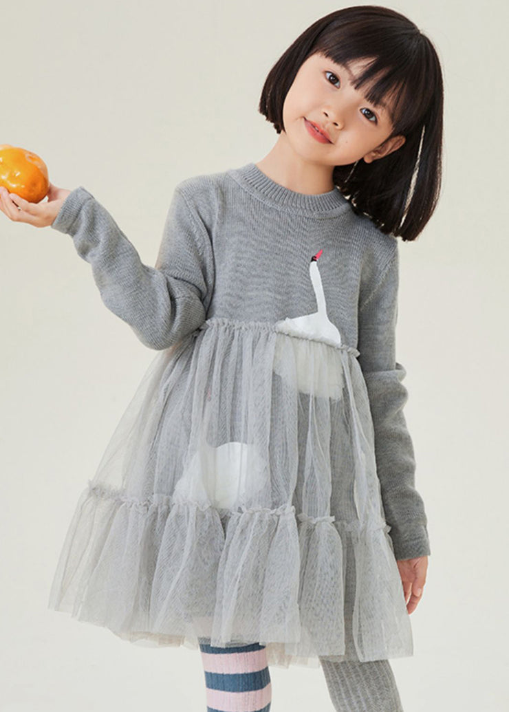 Handmade Grey Tulle Patchwork Knit Girls Maxi Dresses O-Neck Spring