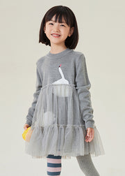 Handmade Grey Tulle Patchwork Knit Girls Maxi Dresses O-Neck Spring