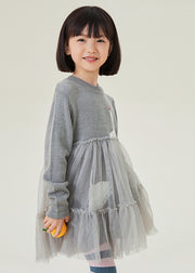 Handmade Grey Tulle Patchwork Knit Girls Maxi Dresses O-Neck Spring