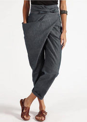 Handmade Grey asymmetrical design High Waist Cotton Harem Summer Pants - SooLinen