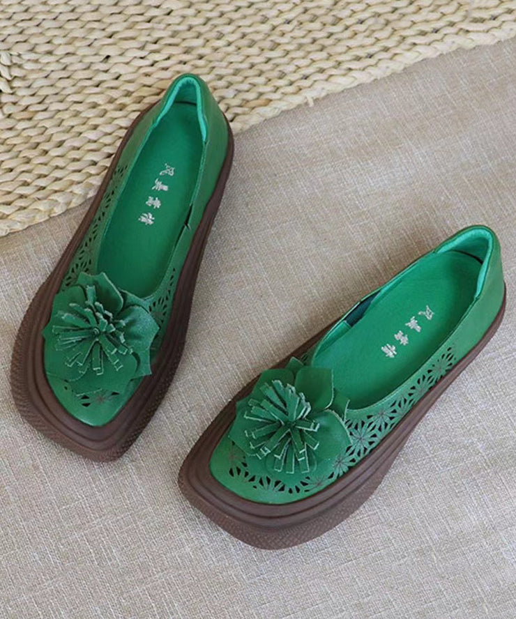 Handmade Hollow Out Floral Green Cowhide Leather Flats Shoes