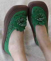 Handmade Hollow Out Floral Green Cowhide Leather Flats Shoes