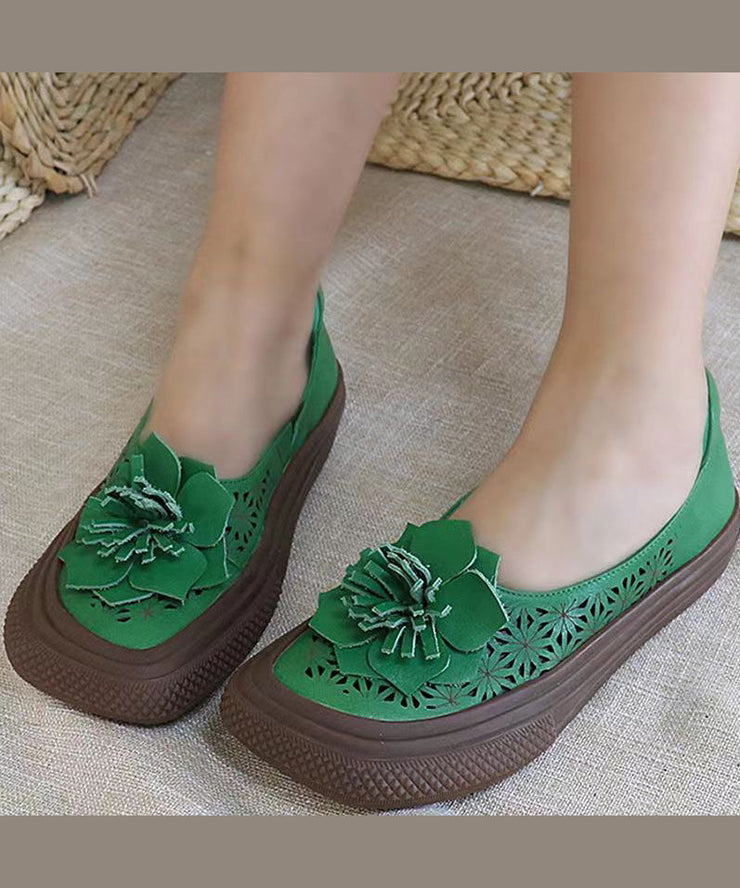 Handmade Hollow Out Floral Green Cowhide Leather Flats Shoes