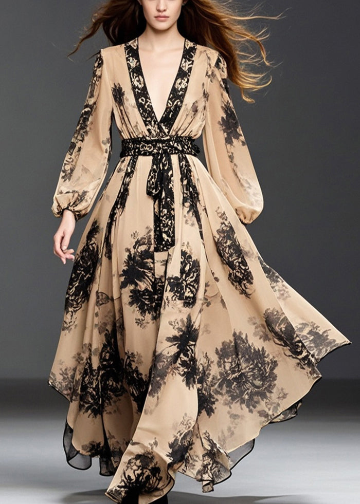 Handmade Khaki Cinched Print Chiffon Long Dresses Spring