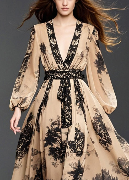 Handmade Khaki Cinched Print Chiffon Long Dresses Spring