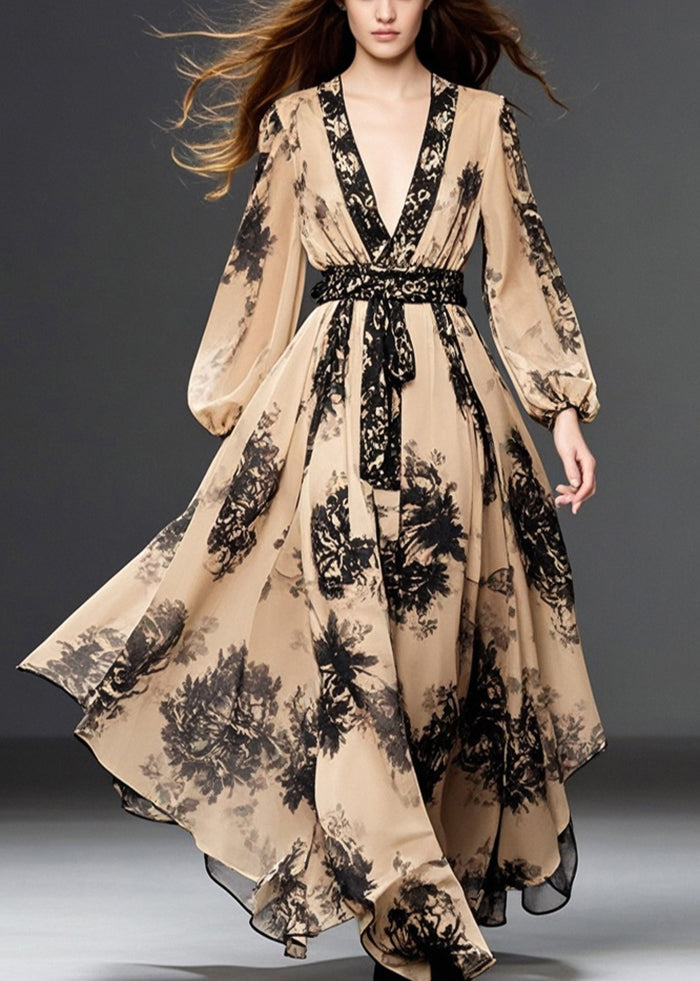 Handmade Khaki Cinched Print Chiffon Long Dresses Fall