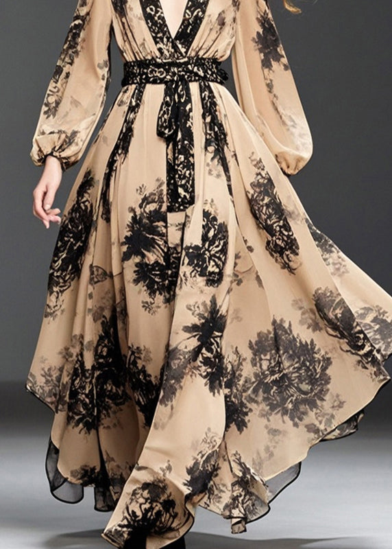 Handmade Khaki Cinched Print Chiffon Long Dresses Spring