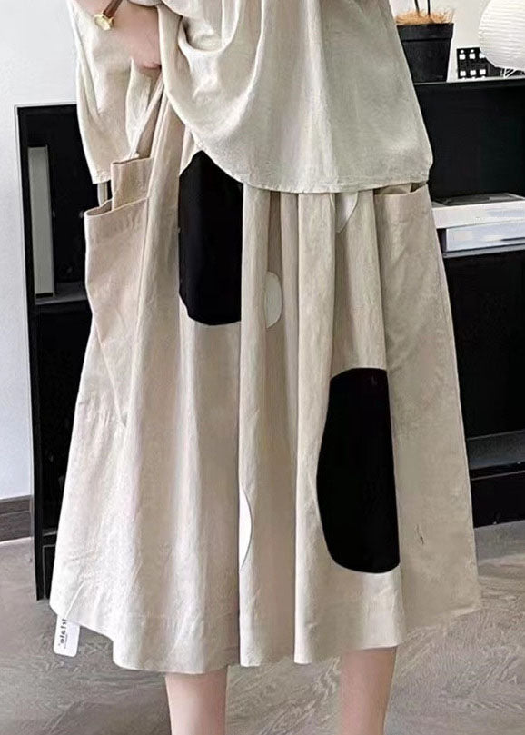Handmade Khaki Dot Pockets Elastic Waist A Line Skirt Summer
