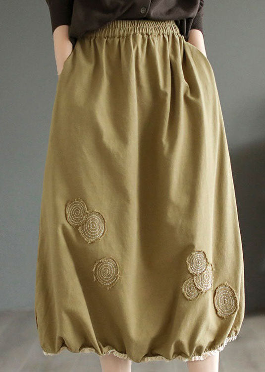 Handmade Khaki Embroideried Elastic Waist Patchwork Cotton Skirts Spring