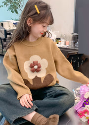 Handmade Khaki Floral Print Cotton Knit Girls Sweaters Spring