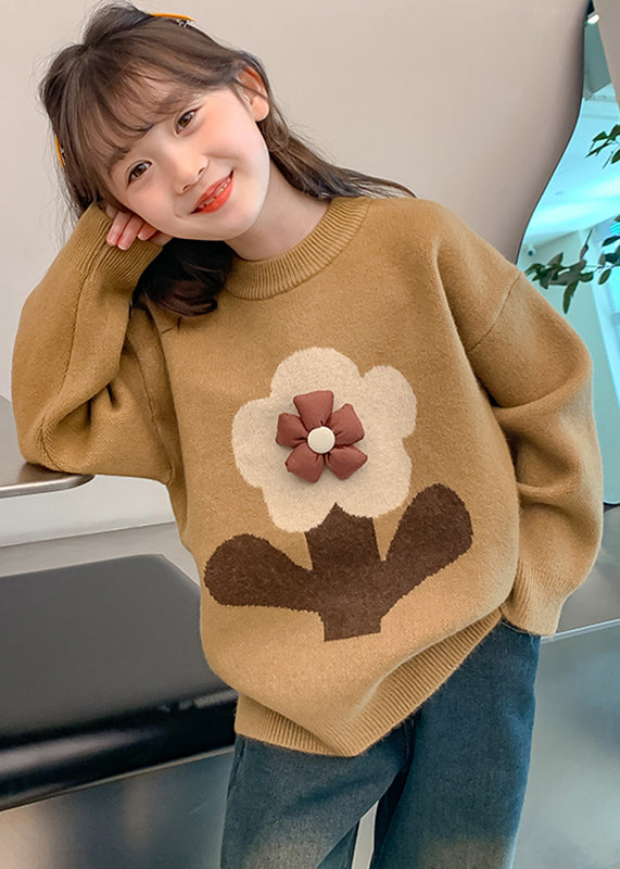 Handmade Khaki Floral Print Cotton Knit Girls Sweaters Spring