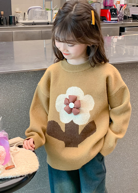 Handmade Khaki Floral Print Cotton Knit Girls Sweaters Winter