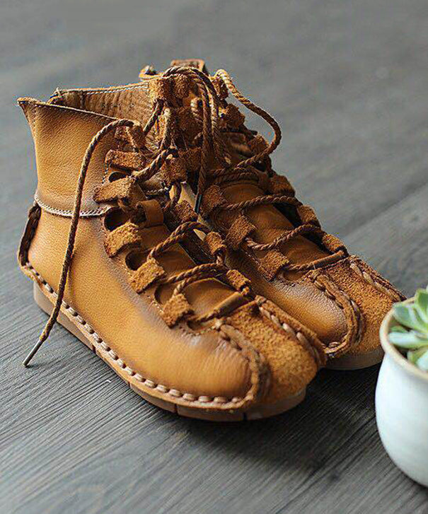 Handmade Khaki Lace Up Zippered Cowhide Leather Ankle Boots