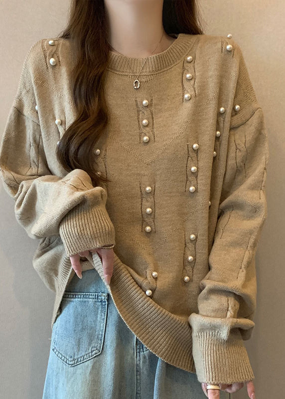 Handmade Khaki Oversized Nail Bead Knit Sweater Tops Fall