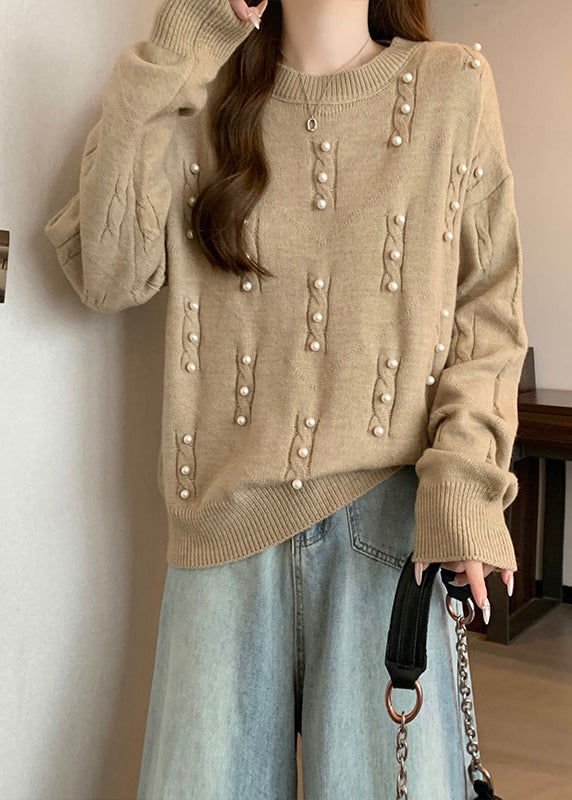 Handmade Khaki Oversized Nail Bead Knit Sweater Tops Fall