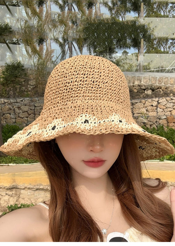 Handmade Khaki Patchwork Straw Holiday Woven Bucket Hat