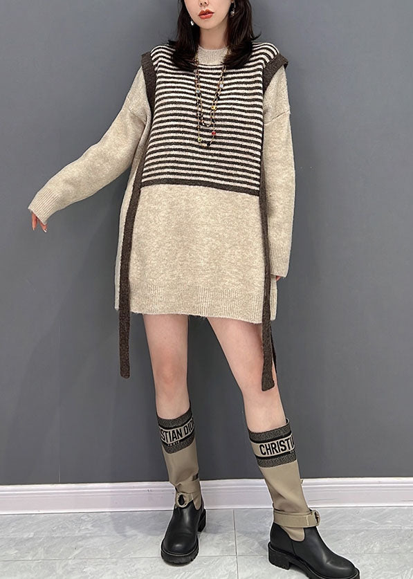 Handmade Khaki Patchwork Striped Knit Long Sweater Winter