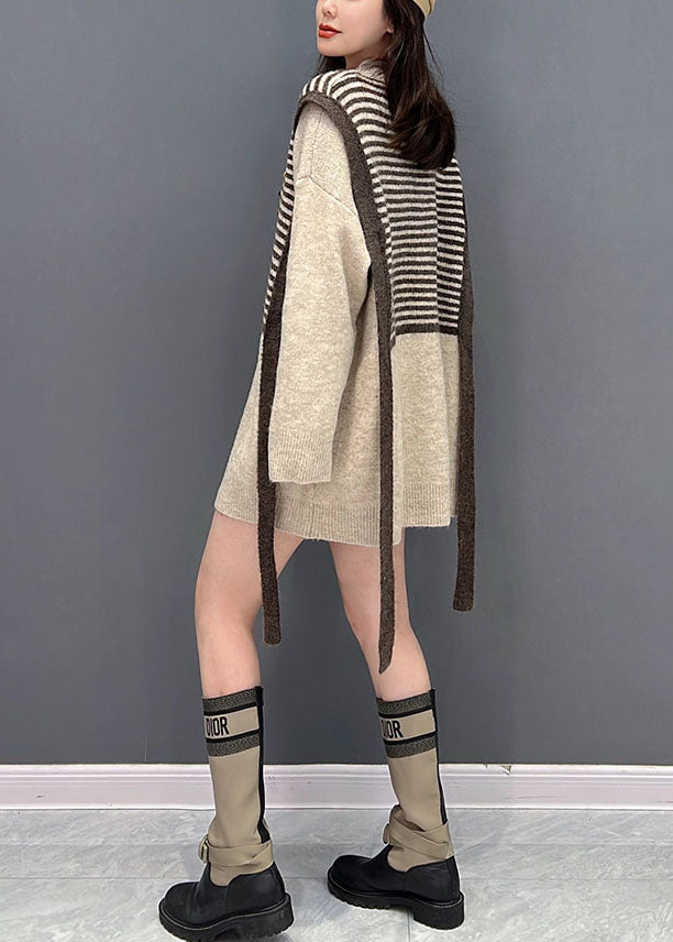 Handmade Khaki Patchwork Striped Knit Long Sweater Winter