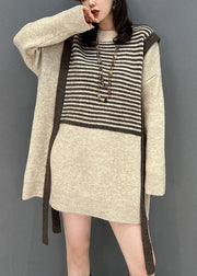 Handmade Khaki Patchwork Striped Knit Long Sweater Winter