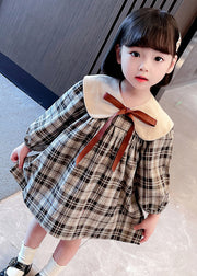 Handmade Khaki Plaid Bow Detachable Girls Mid Dresses Long Sleeve