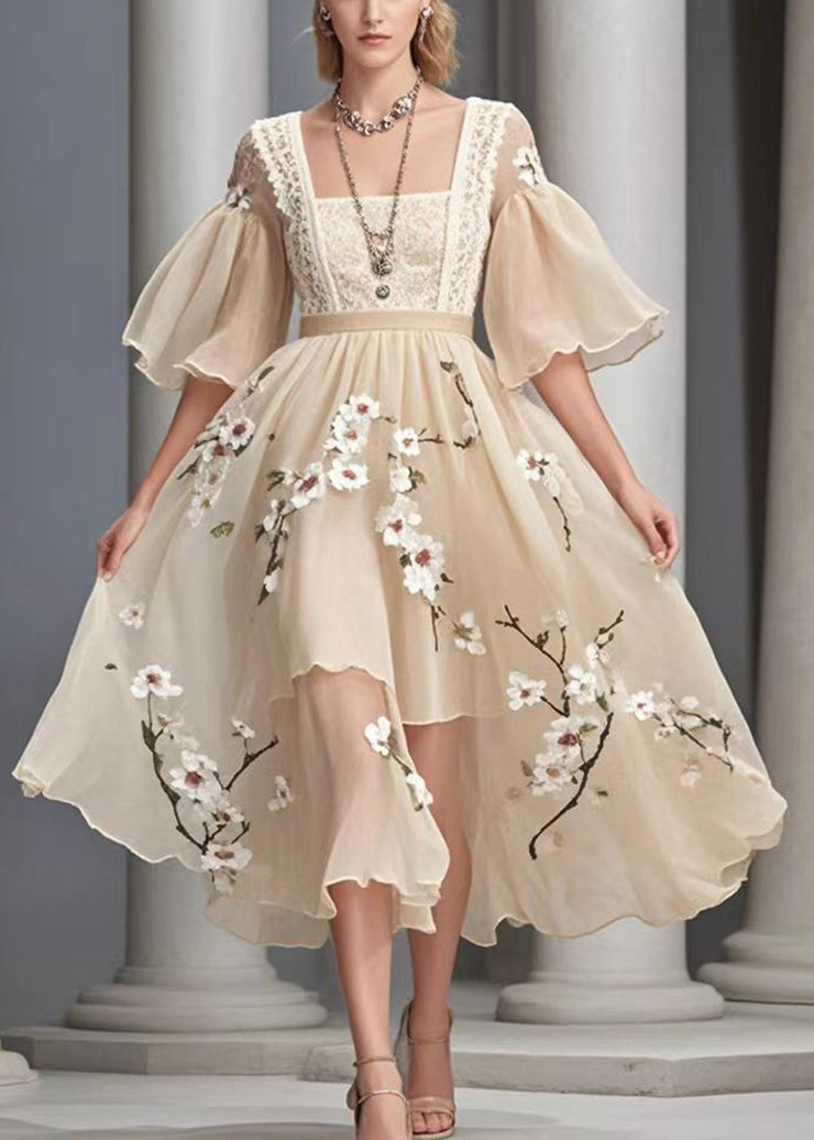 Handmade Khaki Plum Blossom Chiffon Vacation Dresses Summer