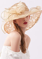 Handmade Khaki Zircon Chiffon Patchwork Floral Tulle Floppy Sun Hat